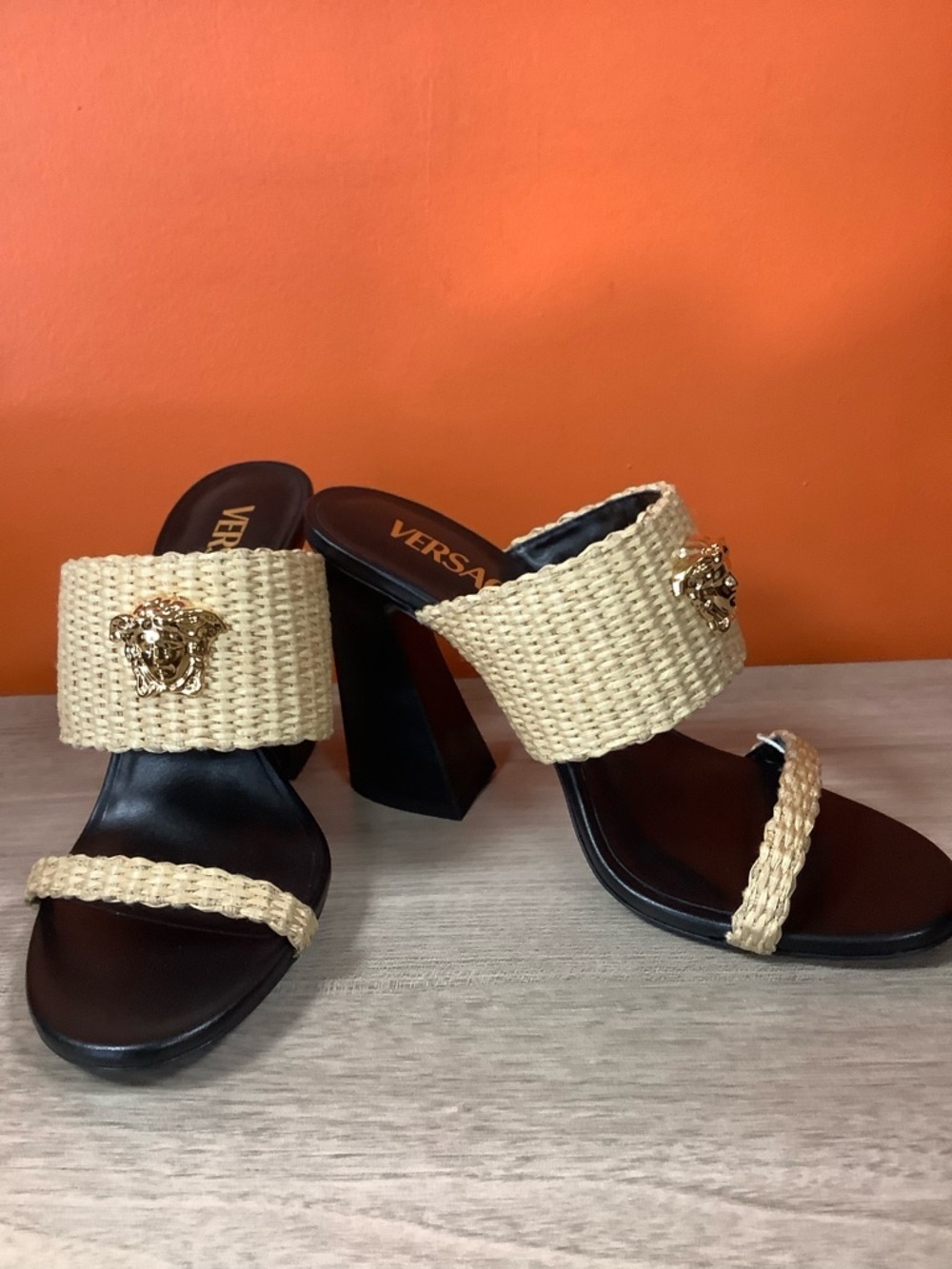 Versace Heeled Sandals in Raffia with Logo